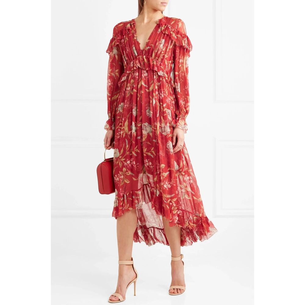 Zimmermann Corsair Ruffled Floral Print High Low Midi Dress 0 US Small